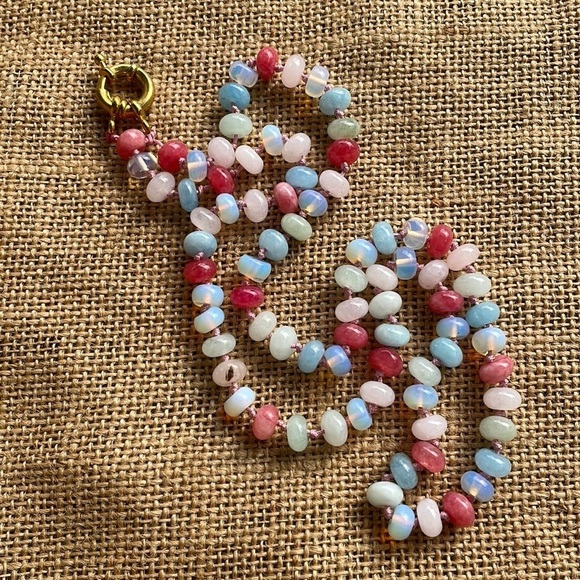 Stone morganite Rainbow with opal stone knotted necklace 24” amazing 2025